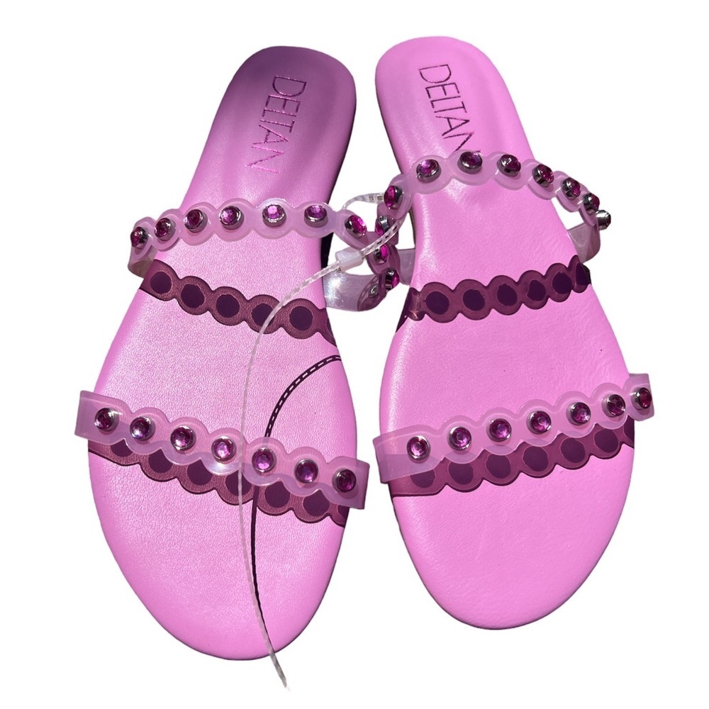✅Deltan Hollie Scallop Rhinestone Embellished Banded Slides in Exotic Magenta